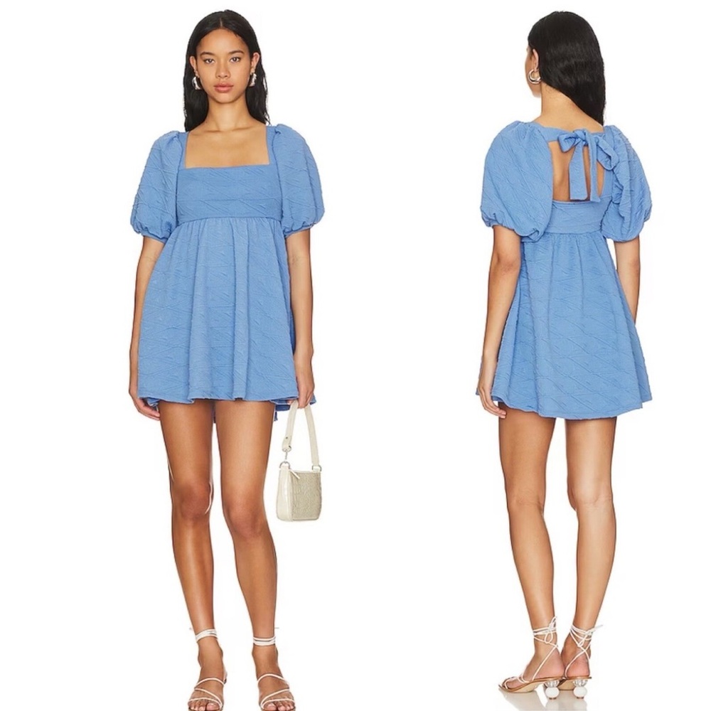 Free People Violet Mini Dress December Sky Blue Puff Sleeve Bow Back Size SMALL